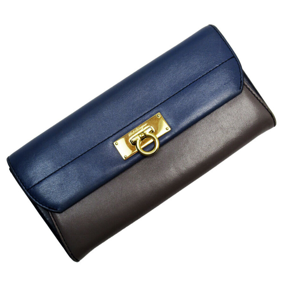 Salvatore Ferragamo long wallet Gancini leather blue gray Navy Blue gold